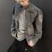 Washed Black Zipper Decorative Design Denim For Men's Niche Motorcycle Standing Collar Jacket_viptrois.com
