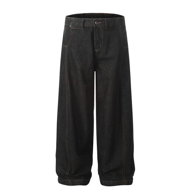 Men's Jeans Casual Versatile Dad High Street Trendy Brand Split Stitching Loose Wide-Leg Straight Long Pants_viptrois.com