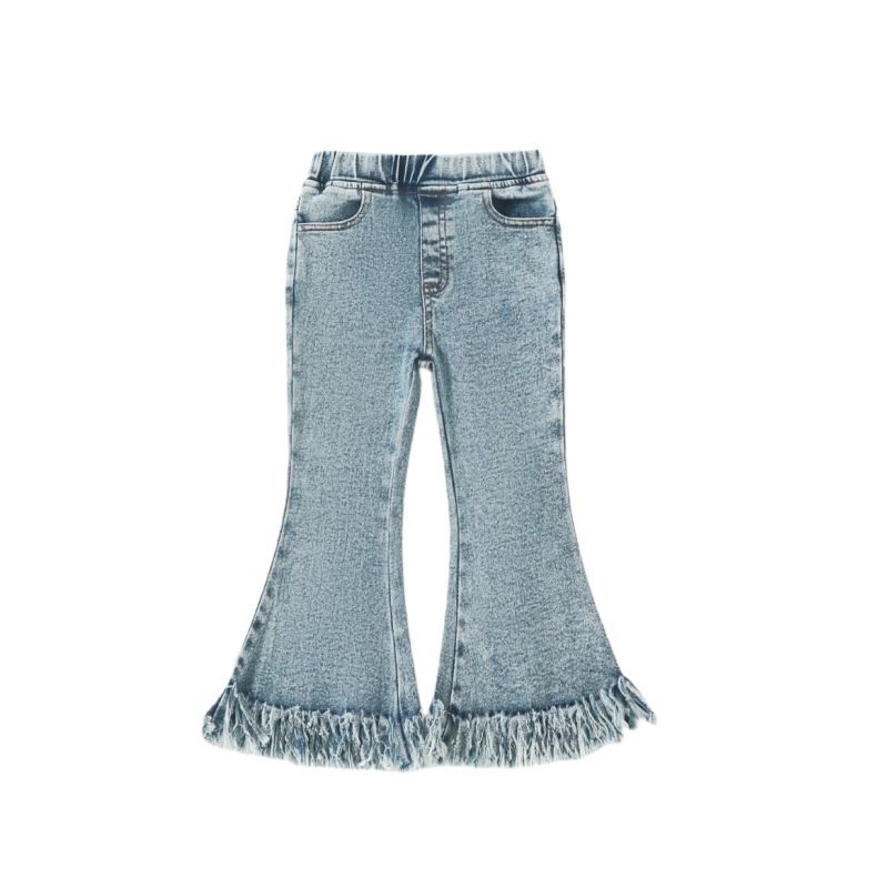 Mother & Kids Girls' Fashion Bell Bottom Jeans - Stylish Denim With Fringe Detail, Slim Fit Flared Pants For Trendy Kids_viptrois.com