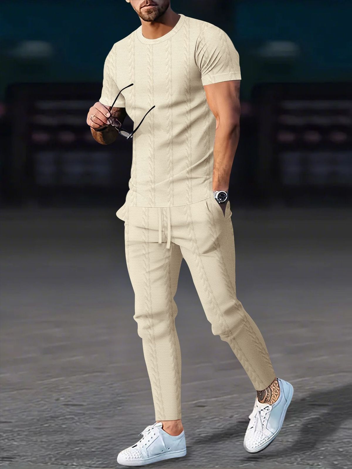 Men's Twisted Solid Color Jacquard Pullover Round Neck Short Sleeve Trousers Casual Suit American Style Autumn New_viptrois.com