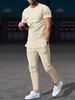 Men's Twisted Solid Color Jacquard Pullover Round Neck Short Sleeve Trousers Casual Suit American Style Autumn New_viptrois.com