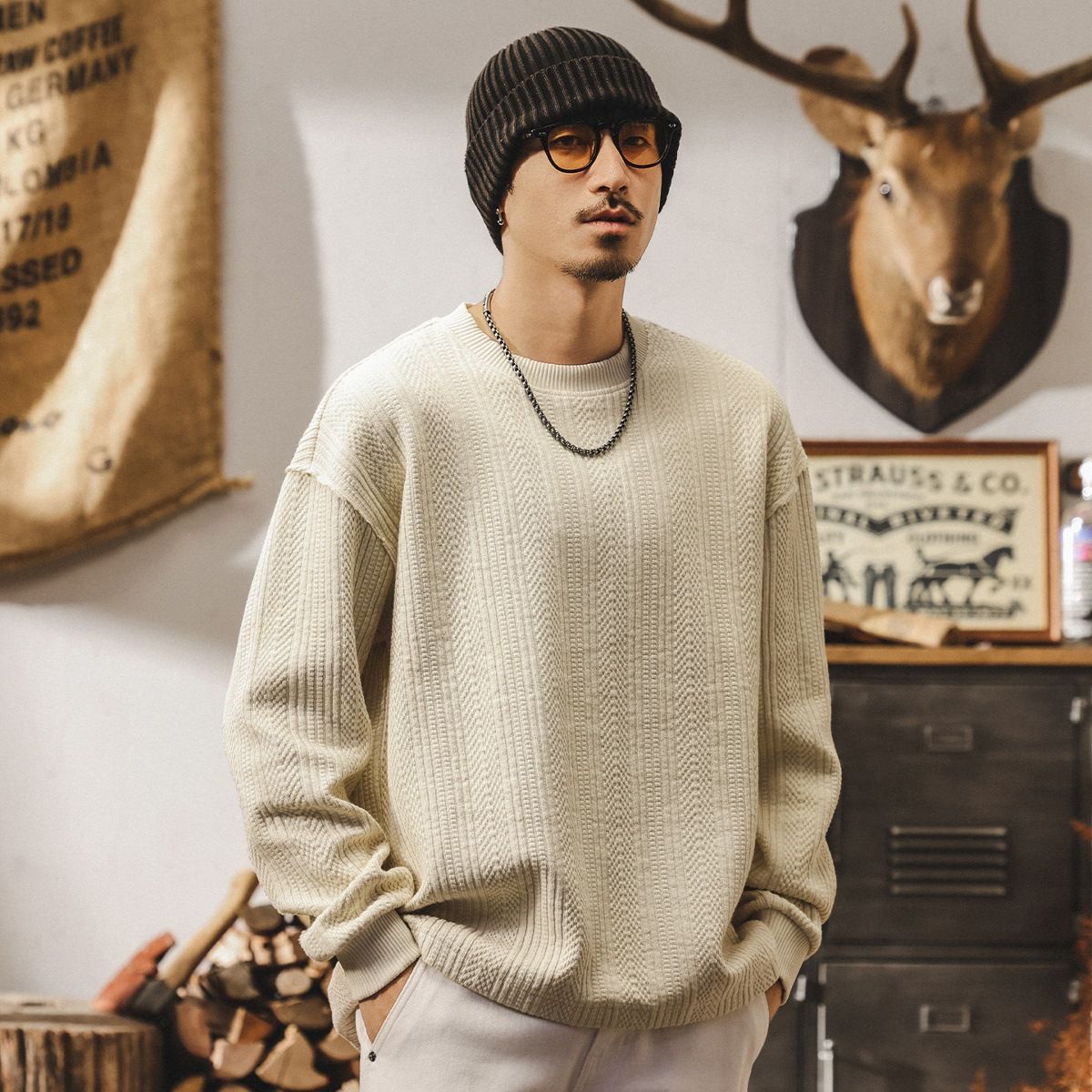 American Retro Heavyweight T-Shirt Long Sleeve Trendy Brand Air Layer Sweatshirt Men Spring Autumn Loose Knitwear Jacket_viptrois.com