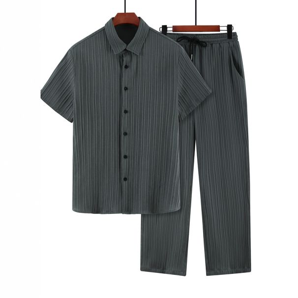 Men's Multi-Color Striped Casual Suit Lightweight Breathable Collared Cardigan & Straight Leg Elastic Waist Trousers Summer Fashion Set_viptrois.com