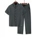 Men's Multi-Color Striped Casual Suit Lightweight Breathable Collared Cardigan & Straight Leg Elastic Waist Trousers Summer Fashion Set_viptrois.com