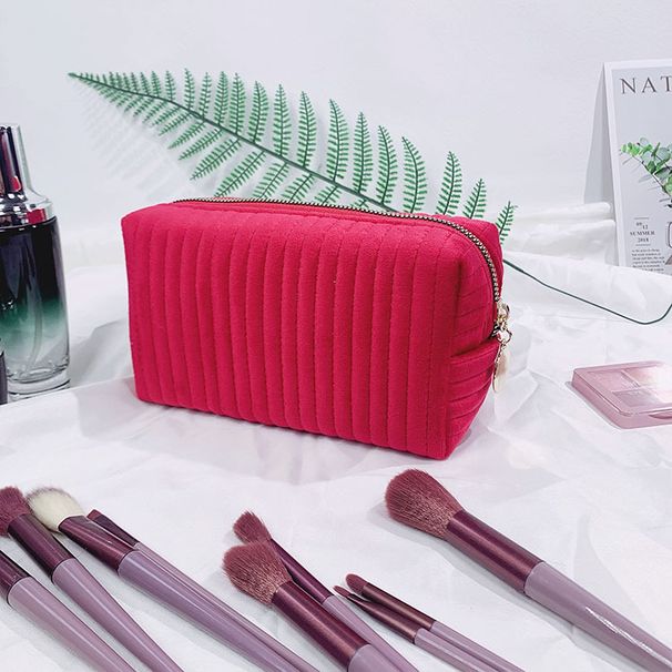 Makeup Tools & Accessories New Quilted Striped Velvet Cosmetic Bag Portable Hand Held Small Square Bag Simple Travel Storage Cosmetic Bag_viptrois.com