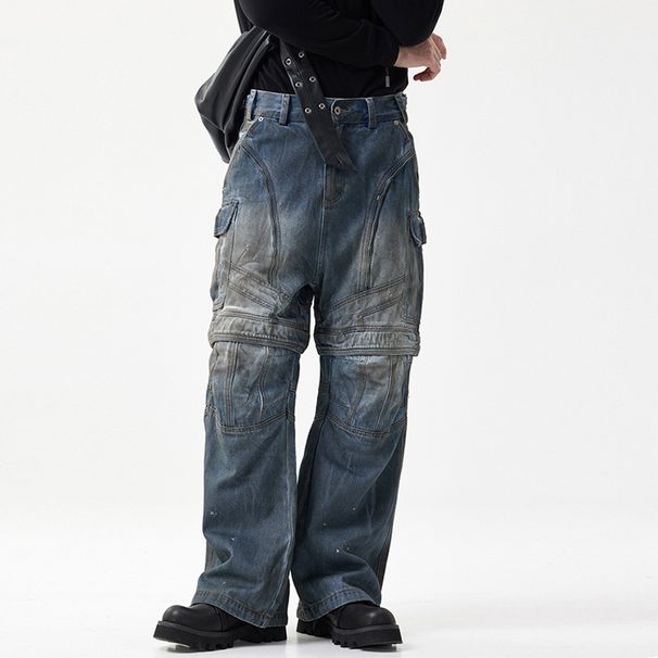 Detachable Zipper Two-Way Wear Jeans Men's High Street Trend Multi-Pocket Straight Long Vintage Workwear Wide-Leg Pants_viptrois.com