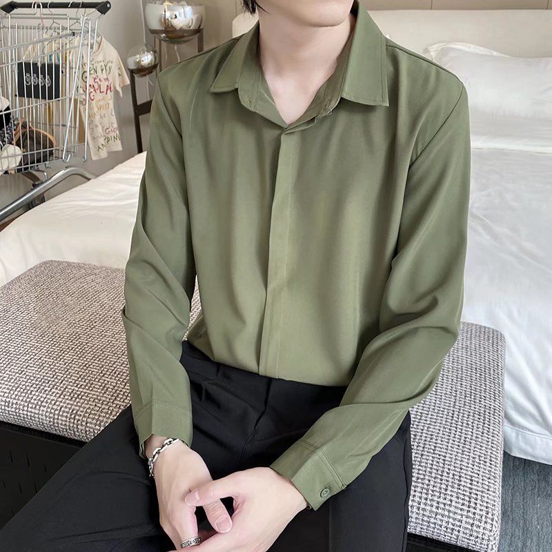 Men's Clothing Long Sleeve Shirt Fashion Casual Solid Color Shirt Men's Light Mature Style Shirt Men_viptrois.com