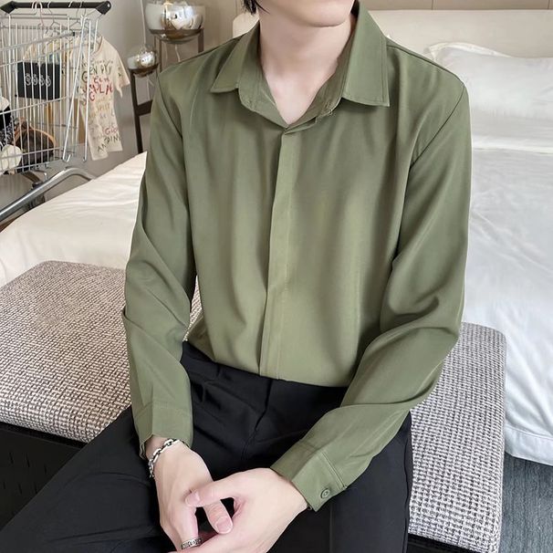Men's Clothing Long Sleeve Shirt Fashion Casual Solid Color Shirt Men's Light Mature Style Shirt Men_viptrois.com