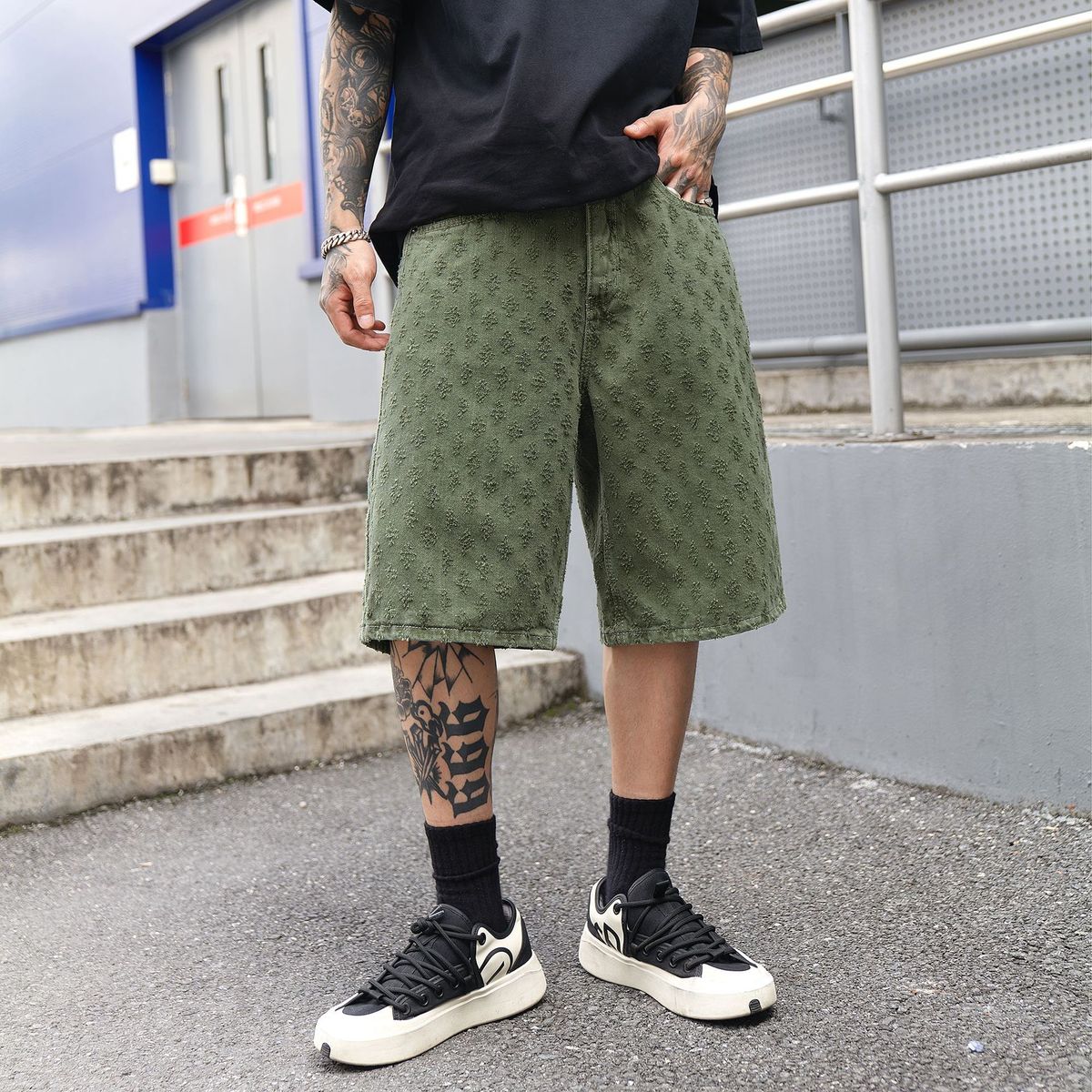 Men's Clothing New Fashion American Ripped Jacquard Denim Shorts Men Summer Loose Straight Washed Five Point Jeans Men_viptrois.com