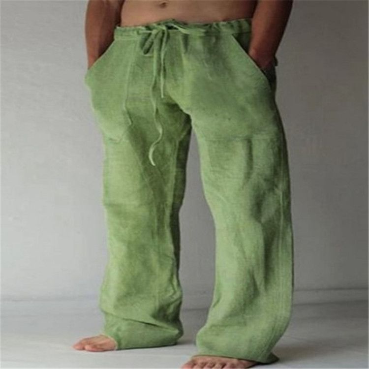 Men's Solid Color Cotton Linen Pants With Drawstring Loose Casual Style_viptrois.com