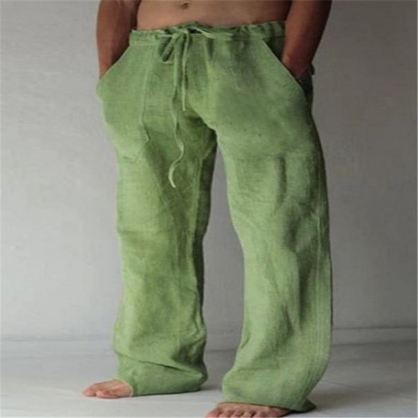 Men's Solid Color Cotton Linen Pants With Drawstring Loose Casual Style_viptrois.com