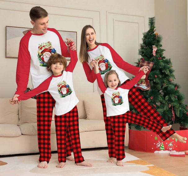 Christmas family pajamas home wear cartoon plaid print long sleeve holiday set_viptrois.com