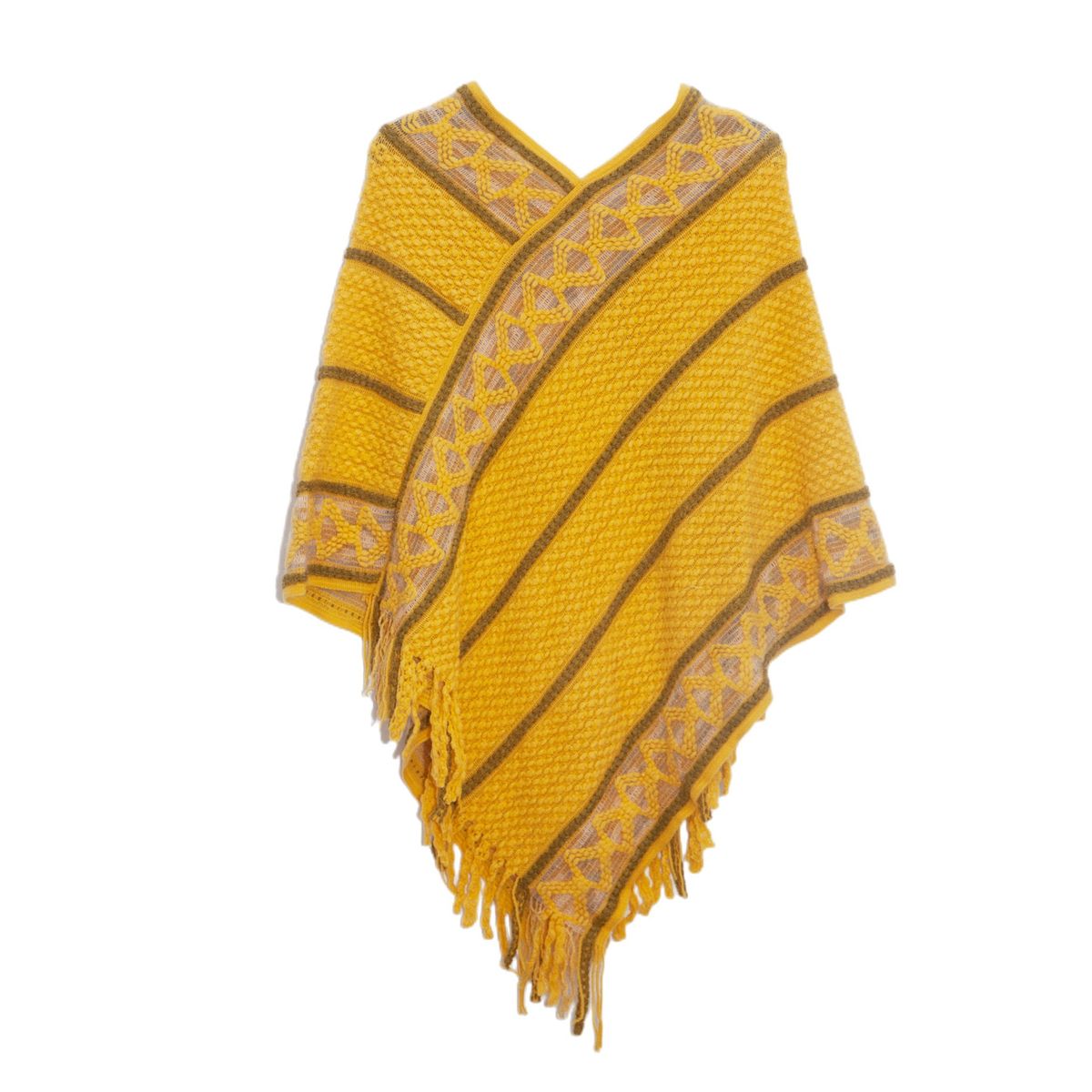 Unisex European and American spring and autumn stripes solid color fringe knitted cape cape_viptrois.com