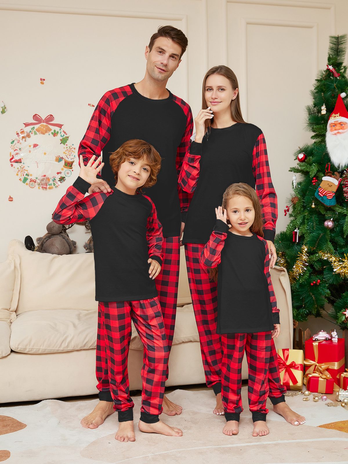 Christmas plaid printed family family pajamas set_viptrois.com