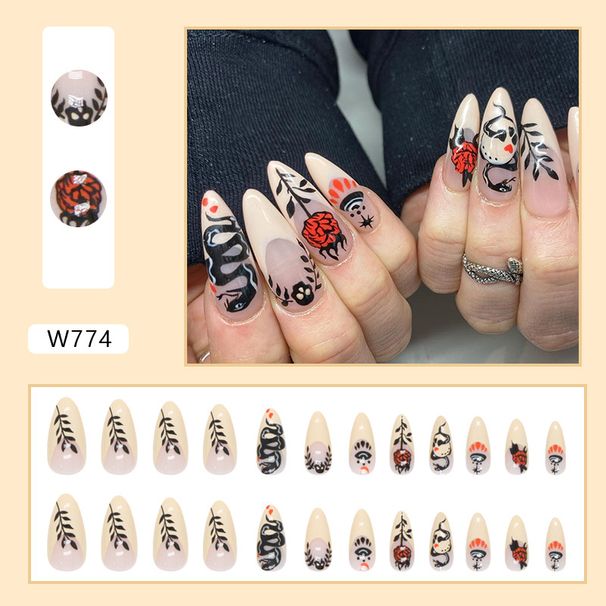 Dark Plate Snake Rose Nail Black Almond Nail Sweet Cool Fashion European And American Nail Finished Nail Wholesale 24 Pieces_viptrois.com