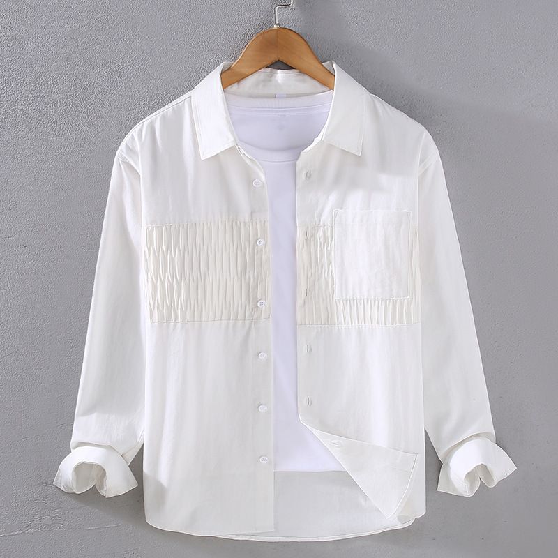 Twill Fabric Color Blocking Adhesive Fabric Artistic Casual Long Sleeved Shirt Men's Lapel Shirt Loose Jacket_viptrois.com
