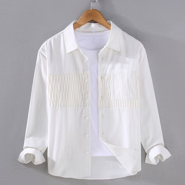Twill Fabric Color Blocking Adhesive Fabric Artistic Casual Long Sleeved Shirt Men's Lapel Shirt Loose Jacket_viptrois.com
