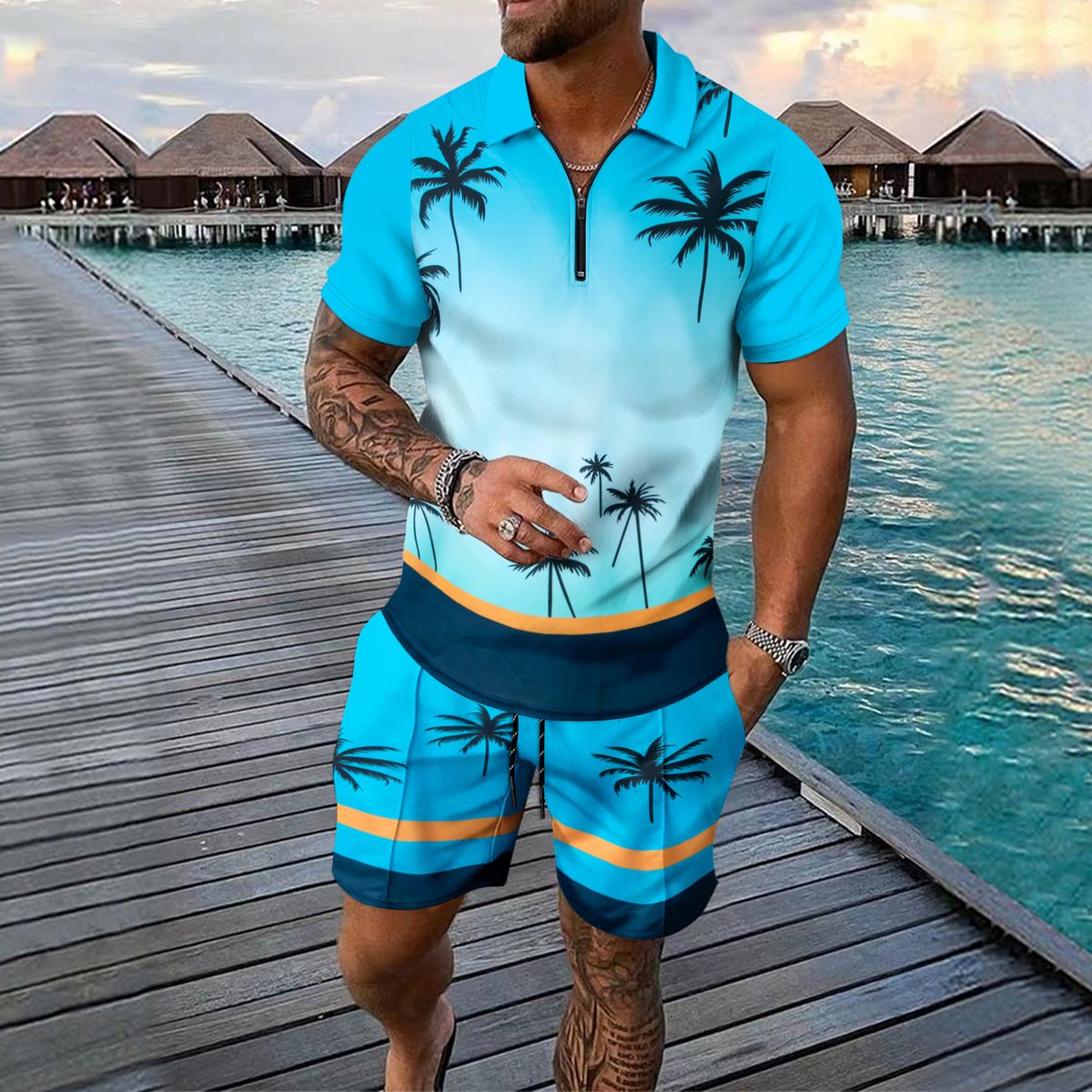 Men's Clothing Beach Short Sleeve T-Shirt Shorts Set Lightweight, Breathable, Comfortable Cotton(Sky Blue, Khaki, Green, Dark Green, Orange) - S-XXXL_viptrois.com