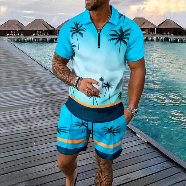 Men's Clothing Beach Short Sleeve T-Shirt Shorts Set Lightweight, Breathable, Comfortable Cotton(Sky Blue, Khaki, Green, Dark Green, Orange) - S-XXXL_viptrois.com