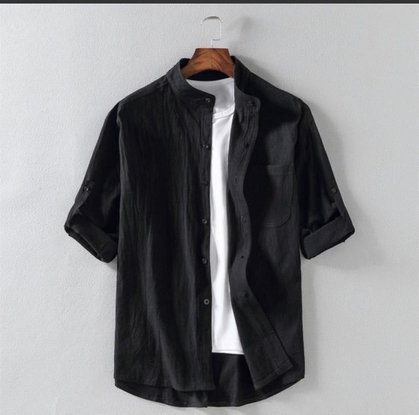 Summer Men's Linen Shirt Stand Up Collar Five Quarter Sleeve Trendy Cotton-Linen Blend Loose Fit Casual Wearable As Outerwear_viptrois.com