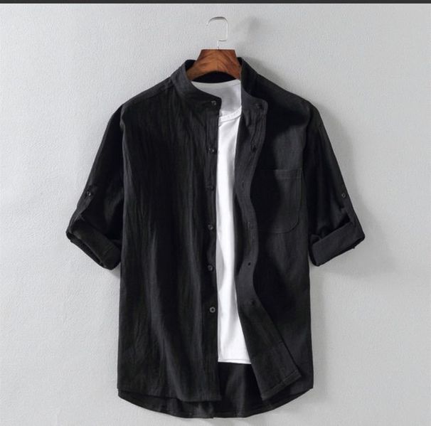 Summer Men's Linen Shirt Stand Up Collar Five Quarter Sleeve Trendy Cotton-Linen Blend Loose Fit Casual Wearable As Outerwear_viptrois.com
