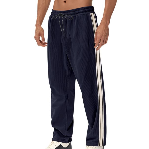 Men's Corduroy Casual Pants – Relaxed Fit With Color-Block Stripes, Drawstring Waist & Straight-Leg Design For Urban Streetwear_viptrois.com