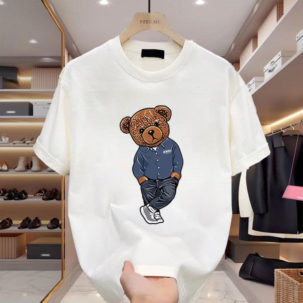 European Autumn Summer New Bear Print Pure Cotton Short Sleeved Trendy Versatile, Personalized, Youthful And Fashionable_viptrois.com