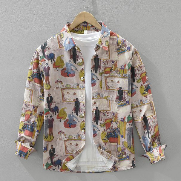 Cartoon Trendy Printed Long Sleeved Shirt, New Versatile Artistic Casual Loose Top For Men's Wear_viptrois.com