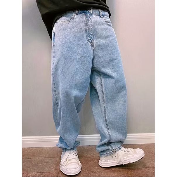 Retro Light Blue Wide Leg Dad Jeans For Men Trendy Heavily Washed Slimming Loose Fit Version_viptrois.com
