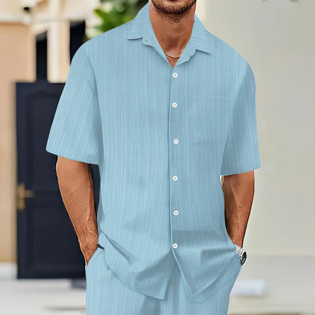 Men's Short Sleeve Shirt & Drawstring Trousers Set – Lightweight Polyester, European Fit (White/Apricot/Khaki/Brown/Black/Azure/Navy, S-XXXL)_viptrois.com