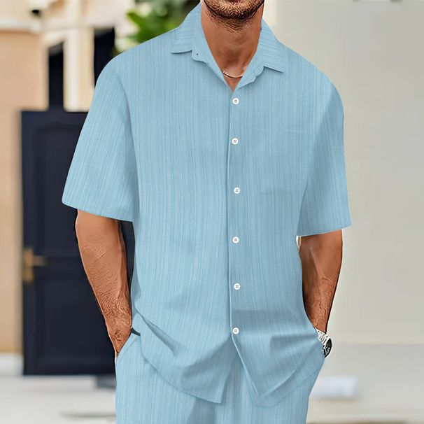 Men's Short Sleeve Shirt & Drawstring Trousers Set – Lightweight Polyester, European Fit (White/Apricot/Khaki/Brown/Black/Azure/Navy, S-XXXL)_viptrois.com