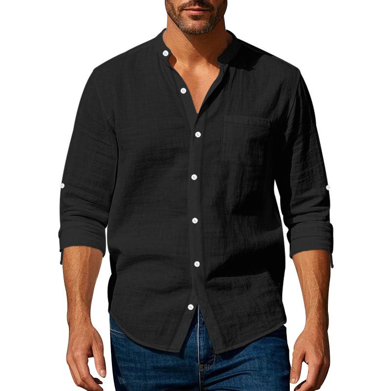 Men's Clothing Linen Shirt Long Sleeved Stand Up Collar Breathable Casual Pocket Shirt_viptrois.com