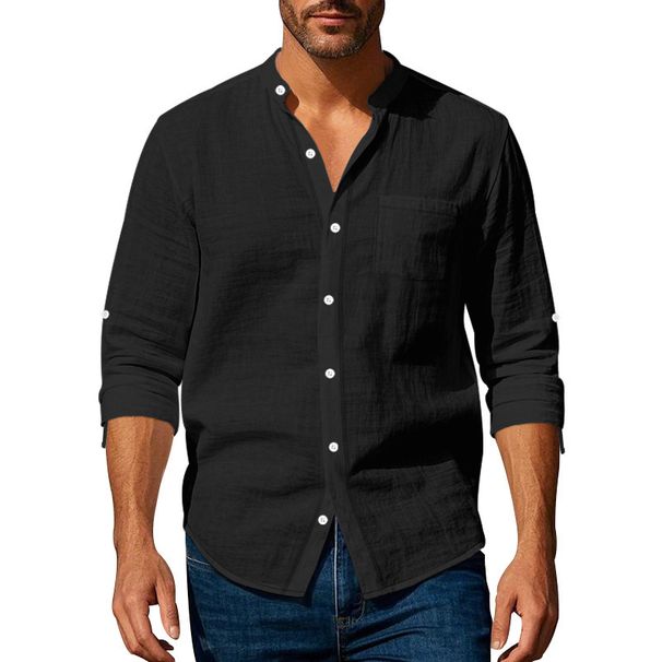 Men's Clothing Linen Shirt Long Sleeved Stand Up Collar Breathable Casual Pocket Shirt_viptrois.com