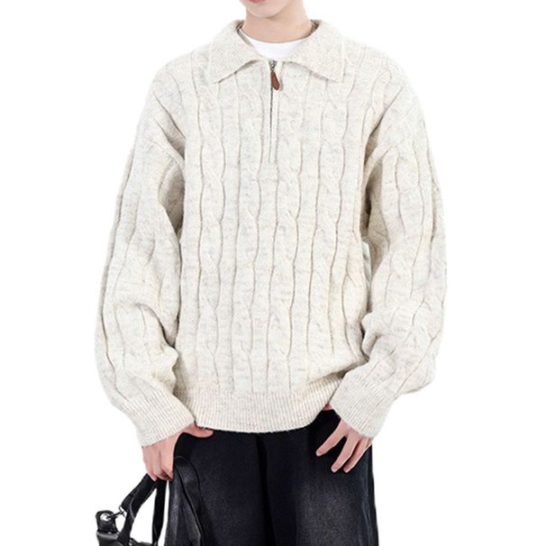 Men's Oversized Polo Knit Sweater - Half Zip Cable Design, Classic Preppy Style, Comfortable & Breathable (Green, Apricot, Light Gray, Dark Gray)_viptrois.com