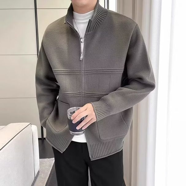 Stand up collar knitted cardigan jacket for men in spring and autumn, new trendy brand patchwork long sleeves with closed cuffs, breathable_viptrois.com