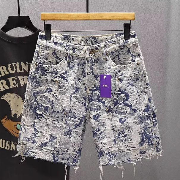 Distressed Jacquard Denim Shorts For Men, All-Over Textured Pattern Mid-Length Jean Shorts With Raw Hem, Casual Streetwear Shorts For Summer, Daily We_viptrois.com