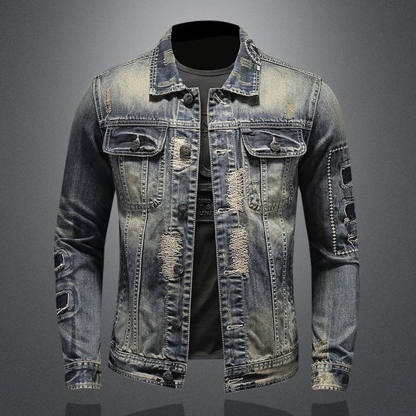 Men's Clothes Men's Spring/Fall Heavy Industry Torn Patch Men's Denim Jacket Top Vintage Worn Coat_viptrois.com