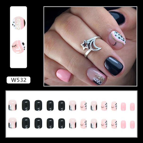 Short Square Solid Color Nail Art Black And White Spot Eyelashes False Nail Wearable Nail Piece Finished Removable Nail Piece_viptrois.com