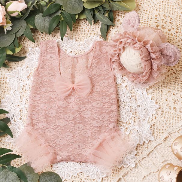Ylsteed 2 Pieces Set Newborn Infant Photo Shooting Lace Romper with Ear Hat Dusty Pink Baby Girl Photography Clothes_viptrois.com
