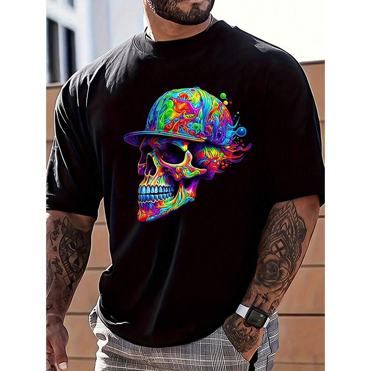 Camiseta Casual Manga Corta Con Cuello Redondo Y Estampado De Calavera Para Hombres, Verano_viptrois.com