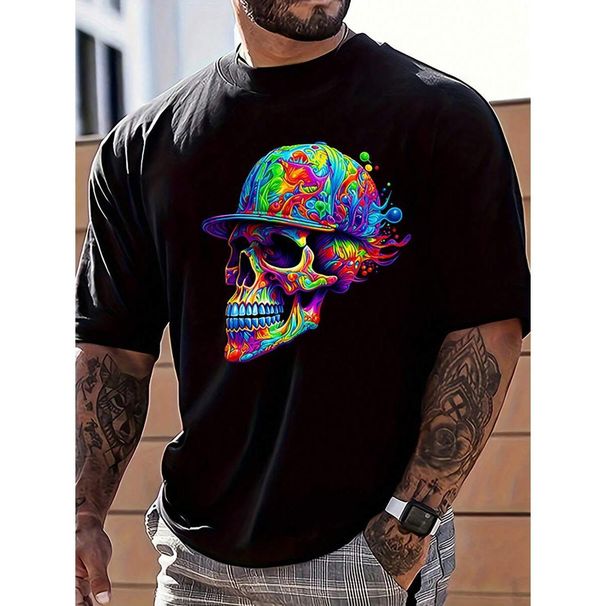 Camiseta Casual Manga Corta Con Cuello Redondo Y Estampado De Calavera Para Hombres, Verano_viptrois.com