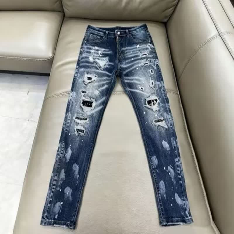 Men's Slim Fit Blue Distressed Jeans – Stylish Ripped & Stitched Denim Pants (Mid-Rise, Straight Leg, Casual & Streetwear)_viptrois.com