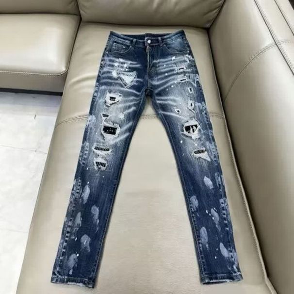 Men's Slim Fit Blue Distressed Jeans – Stylish Ripped & Stitched Denim Pants (Mid-Rise, Straight Leg, Casual & Streetwear)_viptrois.com