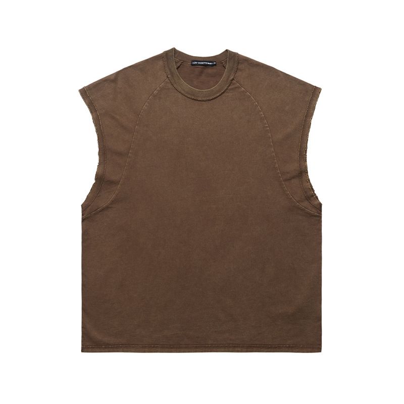 American Style Trendy Sleeveless Vest Men's Frayed Washed Vintage Loose T-Shirt_viptrois.com