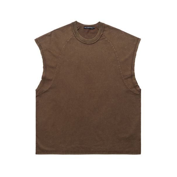 American Style Trendy Sleeveless Vest Men's Frayed Washed Vintage Loose T-Shirt_viptrois.com