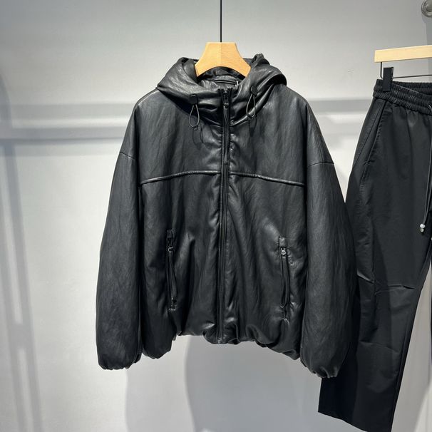 High-End Hooded Leather Jacket For Men Winter New American Style Casual Loose Warm 90% White Duck Down Coat_viptrois.com