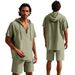 Men's Clothing Summer Men's Loose Casual Linen Solid Color Buttoned Beach Hooded Short Sleeved Suit_viptrois.com