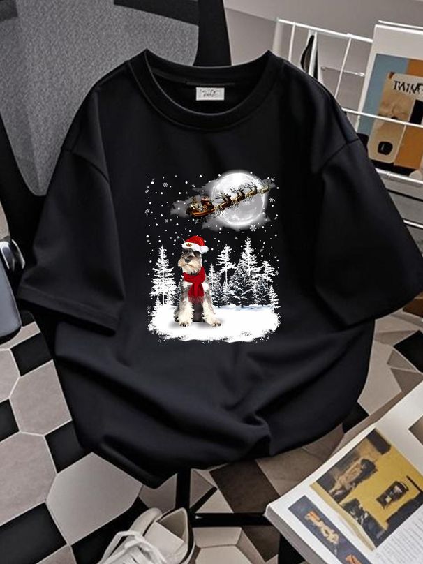 Schnauzer On Snow Christmas Moon Lighting Santa Hat T-Shirt Versatile Slightly Summer Designer Clothes Streetwear Breathable Soft Casual Stretched_viptrois.com