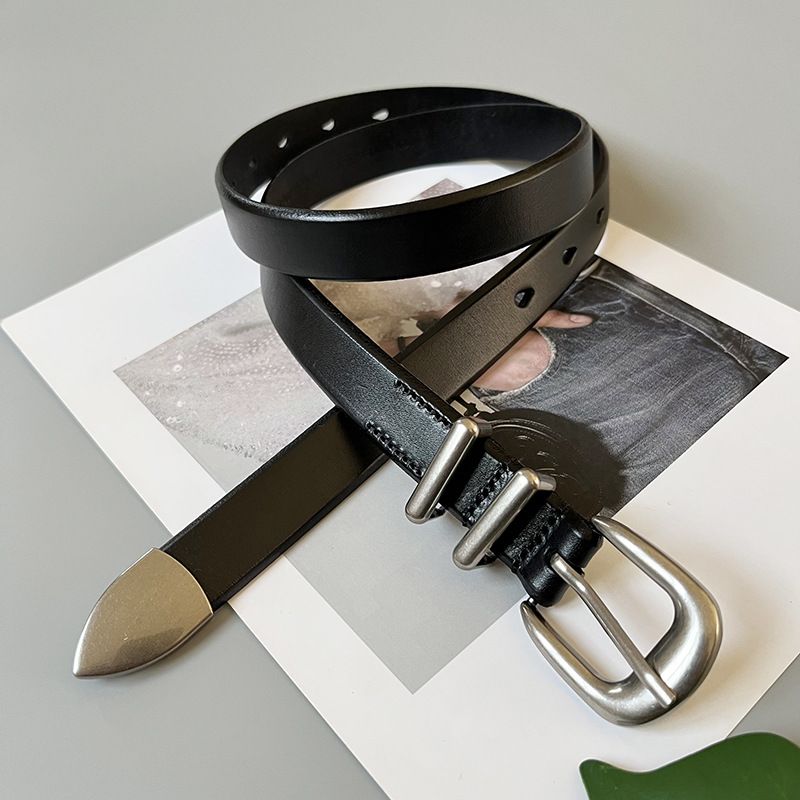 Fashionable retro silver buckle genuine leather belt unisex high-end first-layer cowhide belt ins style accessories_viptrois.com