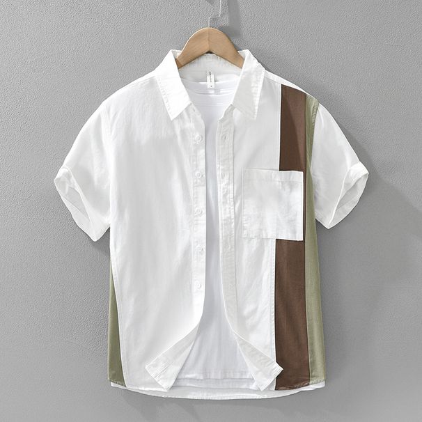 Men's Patchwork Short Sleeved Shirt, Fashionable And Versatile, Artistic And Casual Loose Top, Men's Clothing_viptrois.com